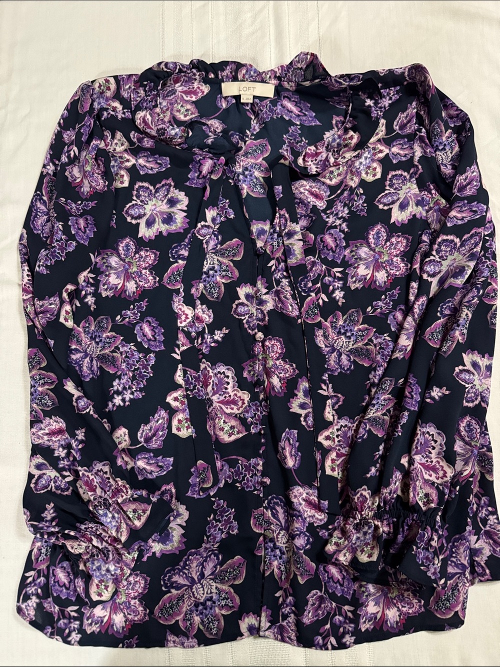 LOFT Navy Blouse with Purple Floral Tie Neck
